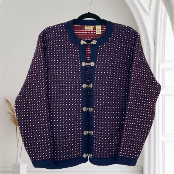 L.L Bean Whimsygoth 100% Wool Blue Red Heart Silver Clasp Romantic Knit Cardigan - Picture 1 of 8